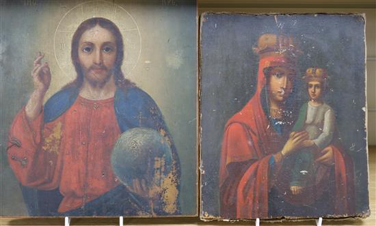 Two 19th century Russian oil on panel icons, 31 x 26cm and 27 x 22cm, unframed